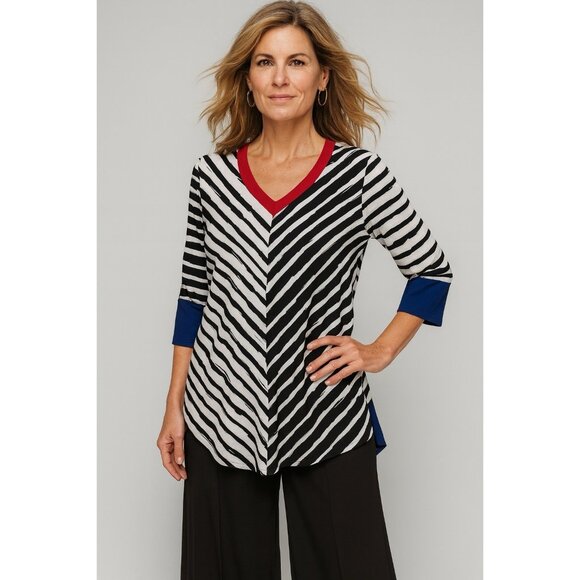 IC BY CONNIE K shirt top tunic striped knit 3/4 sleeve pockets v neck LARGE - Picture 1 of 9